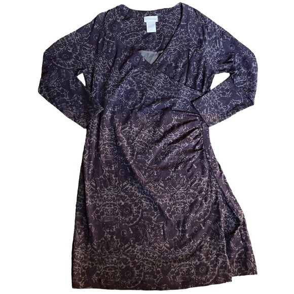Soft Surroundings Petite Large PL Faux Wrap Surplice Ruched Dress Purple Print
